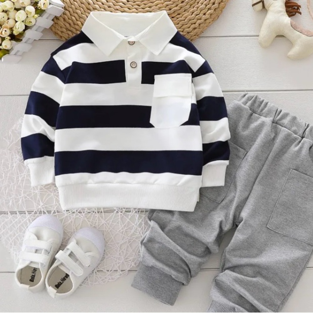 Pat Pat 2-piece Toddler Boy Stripe Polo shirt and Grey Pants Set | 3Y | NEW!!